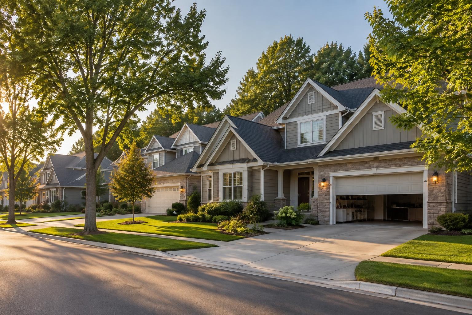 Tree-lined suburban street with family homes and attached garages